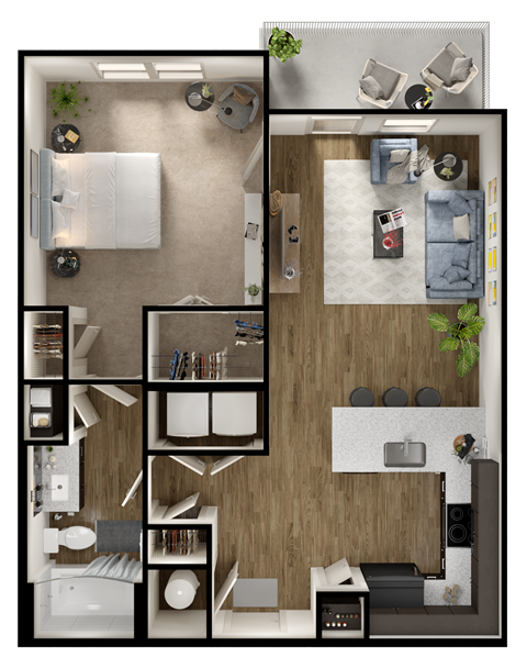 Floor plan for 1 bed, 1 bath, 726 sqft